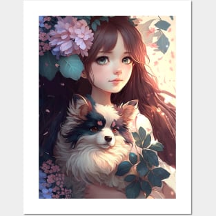 Cute Floral Anime girl With Her Dog Posters and Art